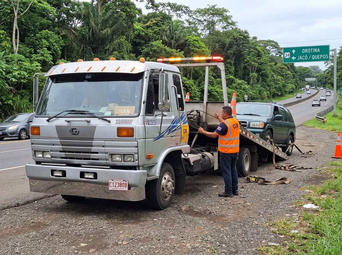Auxilio vial y rescate en Ruta 27 Orotina con conos de seguridad